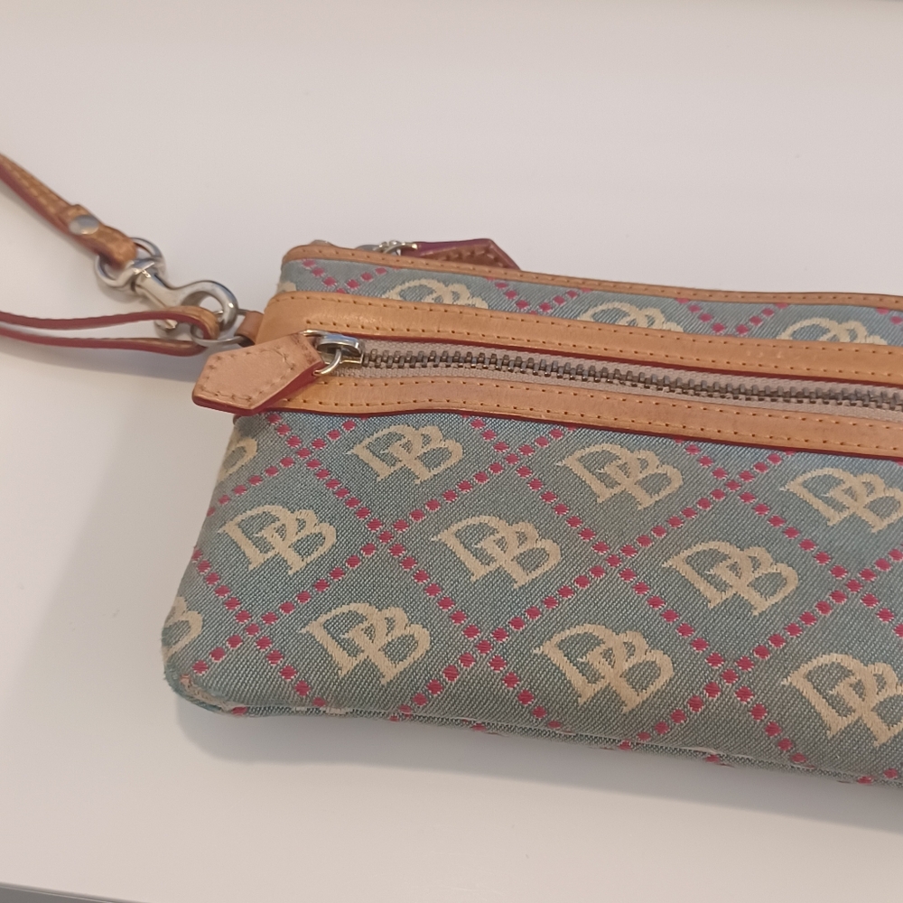 Dooney & Bourke Wristlet Clutch in Blue/Tan with Pink Accent